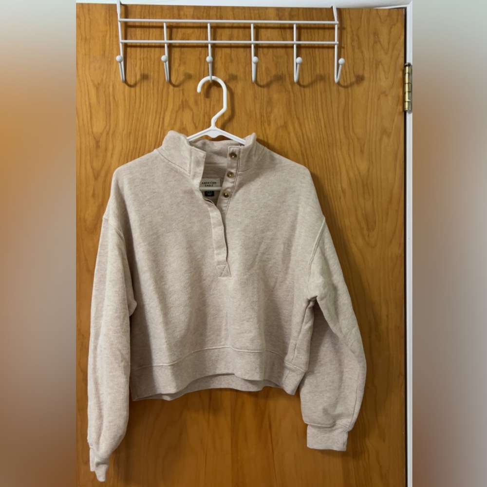 American Eagle Cropped Henley Fleece Sweatshirt